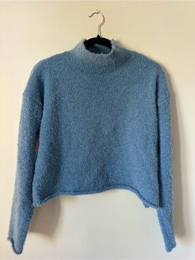 Mock Neck Fuzzy Cropped Sweater in Light Blue